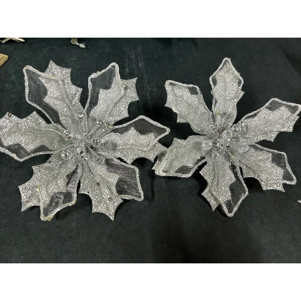 12 Silver/Blue Glittered Christmas Ornaments:Butterflies‎ Dragonfly Bird Flowers